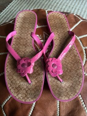 Coach Hot Pink Floral Patent Thong Sandals
